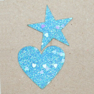 Strykemerke - blå hjerte og stjerne glitter